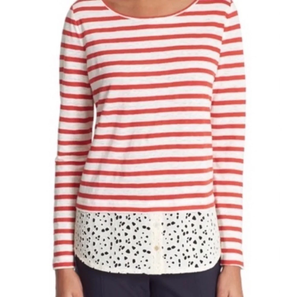 Tory Burch Blouse Top Linen Long Sleeve Eyelet Hem Stripes Red and Cream XS